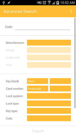 The InstaCode Live Mobile App showing the “Advanced search” with search fields for “Key Code”, “Manufacture”, “Model”, “Submodel”, “year”, “Key blank”, “Card number”, “Lock system”, “Lock type”, “Key type” and “Cuts”.