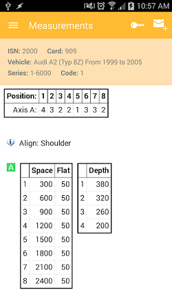 The InstaCode Live Mobile App listing all the possible space and depth measurements required to cut the key.