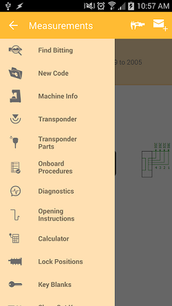 The InstaCode Live Mobile App function menu showing options for “Find Bitting”, “ New Code”, “Machine Info”, “Transponder”, “Transponder Parts”, “Onboard Procedures”, “Diagnostics”, “Opening Instructions”, “Calculator”, “Lock positions” and “Key Blanks”. With more options accessible by scrolling.