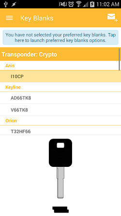 The InstaCode Live Mobile App “Key blanks” screen, showing a list of key blanks that are applicable to the search and an image of the selected key blank.