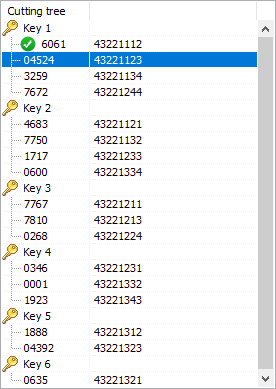 InstaCode PC Cutting tree window showing a list of key codes, sorted, and grouped in such a way to minimise the number of key blanks that need to be cut to try every valid key code that can be derived from the known cuts.