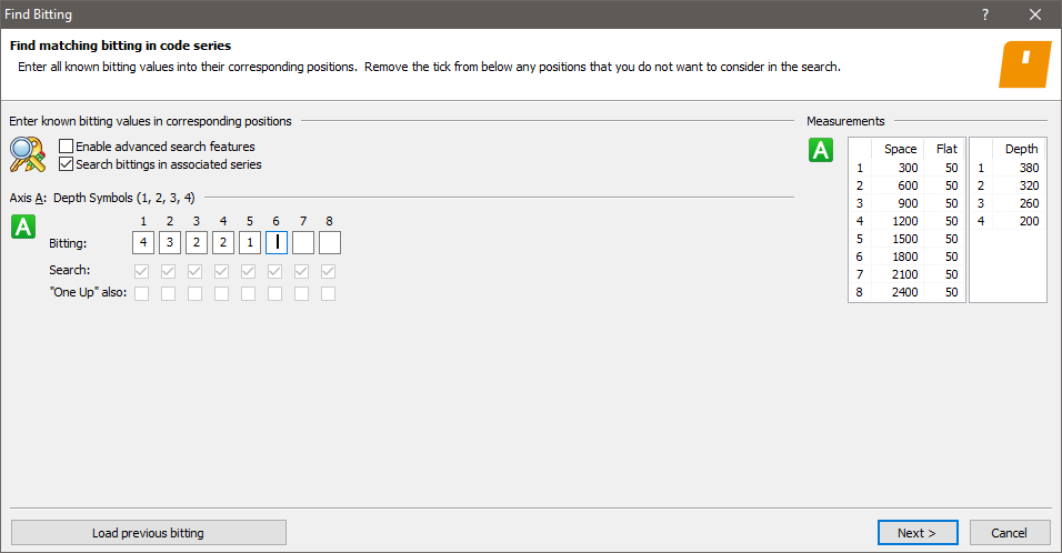 InstaCode PC Find Bitting wizard with instructions at the top to “Enter all known bitting values into their corresponding positions. Remove the tick from below any positions that you do not want to consider in the search”. Below the instructions are tick box options to “Enable advanced search features” (which is unticked) and “Search bittngs in associated series”. Below the option are boxes to enter the depth values for the known positions and under those are disabled advanced search feature options for each position. To the right side of the window are the measurements for the cut positions and measurements for the depths.