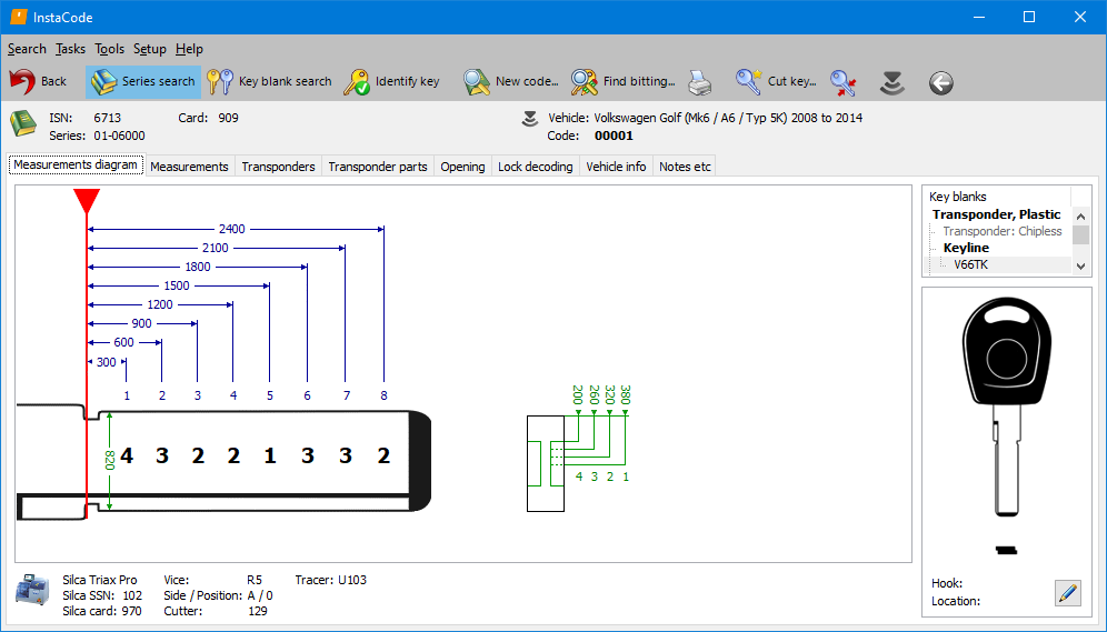 InstaCode PC series detail screen with a Windows menu bar containing options “Search”, “Tasks”, “Tools”, “Setup” and “Help”. Beneath the menu is a row of 11 buttons, the first button is “Back” to return to the previous screen. The next 3 buttons are to choose the type of search to be performed; “Series search” which is current selected, “Key blank search” and “Identify key”. This is followed by “New Code”, “Find bitting”, print, “Cut key…”, decode key, read and write transponders, and a currently disabled back button for navigating the series detail below. Below that is information on the search criteria used, and below that is the series details divided among several tabs, “Measurements diagram”, “Measurements”, “Transponders”, “Transponder Parts”, “Opening”, “Lock decoding”, “Vehicle info” and “Notes etc”. The “Measurements diagram” tab is selected and it is showing a diagram of the key with measurements for the cut positions and a cross section of the key with measurements for the depths. The diagram of the key is overlayed with the cut values for the key code displayed above in the search criteria. To the right of the measurements is a list of applicable key blanks with an image of the currently selected blank below the list. Below the measurements is information that is applicable to cutting the key with the last key machine that was used to cut the same type of key, such as vice, cutter, and position. 
