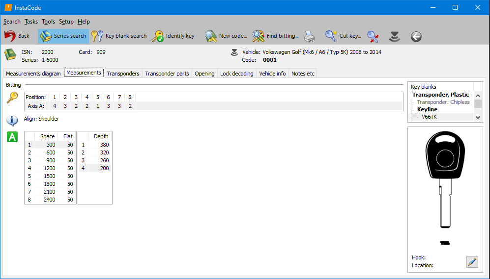 InstaCode PC series detail screen with a Windows menu bar containing options “Search”, “Tasks”, “Tools”, “Setup” and “Help”. Beneath the menu is a row of 11 buttons, the first button is “Back” to return to the previous screen. The next 3 buttons are to choose the type of search to be performed; “Series search” which is current selected, “Key blank search” and “Identify key”. This is followed by “New Code”, “Find bitting”, print, “Cut key…”, decode key, read and write transponders, and a currently disabled back button for navigating the series detail below. Below that is information on the search criteria used, and below that is the series details divided among several tabs, “Measurements diagram”, “Measurements”, “Transponders”, “Transponder Parts”, “Opening”, “Lock decoding”, “Vehicle info” and “Notes etc”. The “Measurements” tab is selected, and it is showing the “Bitting” for the key code displayed above in the search criteria. Beneath that are the measurements for the cut positions and measurements for the depths. To the right of the measurements is a list of applicable key blanks with an image of the currently selected blank below the list. 