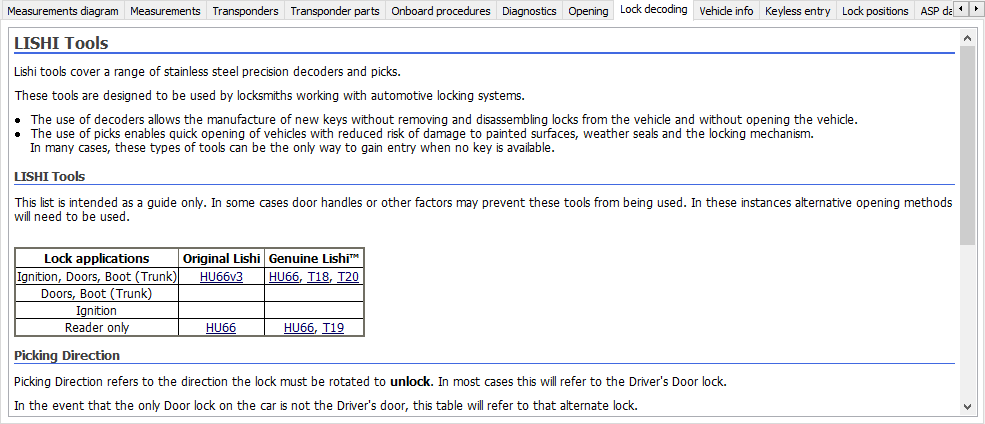 InstaCode PC section of the series detail screen containing the information tabs  “Measurements diagram”, “Measurements”, “Transponders”, “Transponder Parts”, “Onboard procedures”, “Diagnostics”, “Opening”, “Lock decoding”, “Vehicle info”, “Keyless entry”, Lock positions” and part of “ASP data” visible, with 2 directional buttons to select tabs currently not visible. The “Lock decoding” tab is selected and below is information about various ‘Lishi’ tools and picking directions. A scroll bar is visible on the right, denoting that further information is available by scrolling.