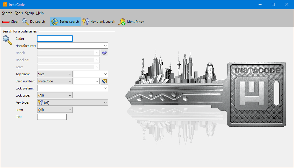 InstaCode PC home screen with a Windows menu bar containing options “Search”, “Tools”, “Setup” and “Help”. Beneath the menu is a row of 5 buttons, the first 2 are for performing the most common functions; “Clear” to clear all search criteria and “Do search” to search the entered criteria. The last 3 buttons are to choose the type of search to be performed; “Series search” which is currently selected, “Key blank search” and “Identify key”. Beneath those buttons are search fields for “Key Code”, “Manufacture”, “Model”, “Model no”, “year”, “Key blank”, “Card number”, “Lock system”, “Lock type”, “Key type”, “Cuts” and “ISN”.